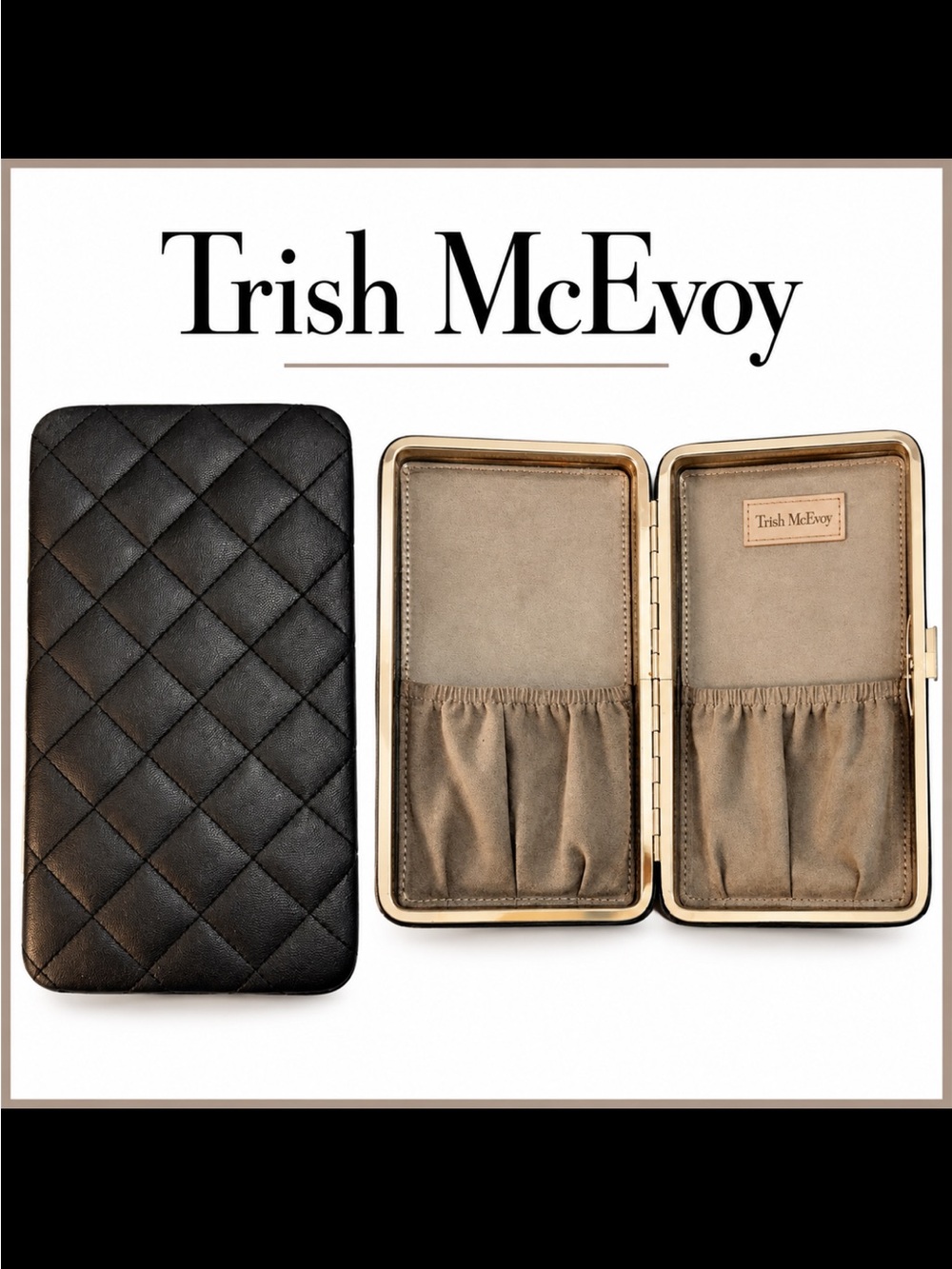 Trish McEvoy Black Quilted Leather Brush Case with Beige Interior